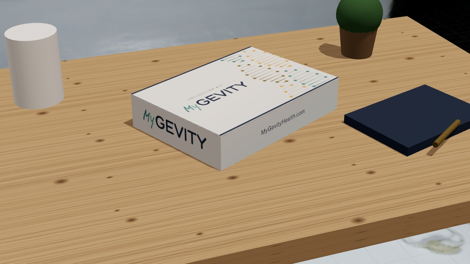 3D render of the closed MyGevity collection kit box sitting on a wooden desk