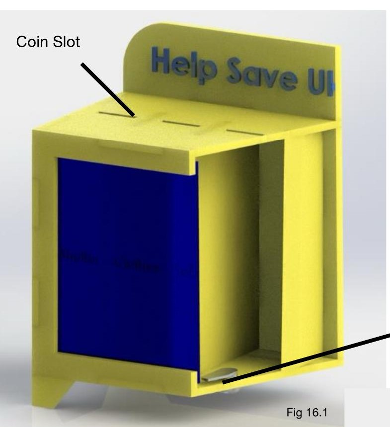 SolidWorks render of a yellow and blue charity collection box with coin slots and a Help Save Ukraine backboard