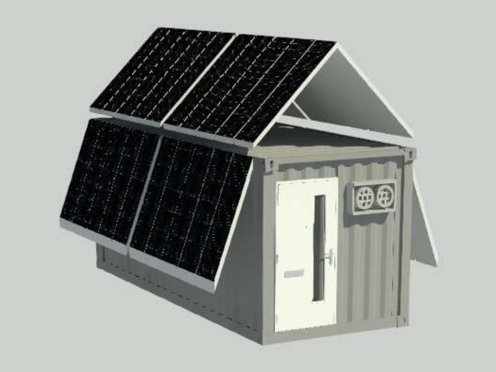 Revit model of a shipping container office with a pitched roof of mounted solar panels